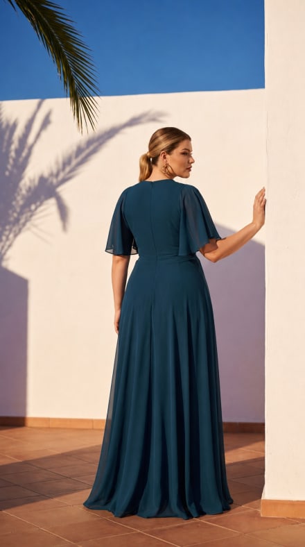 Odalys - Robe longue drapée en mousseline à manches papillon
