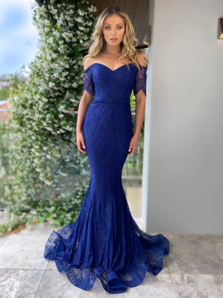 Maelie — robe longue sirène bustier épaules dénudées décolleté Bardot dentelle ceinture