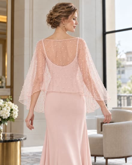 Cape courte en tulle rose poudré transparent ornée de perles