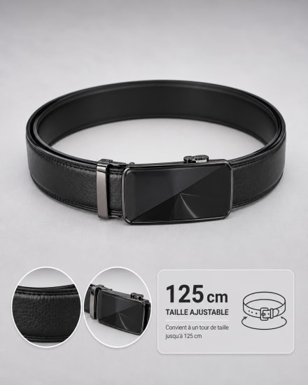 Ceinture homme noire ajustable boucle automatique rectangulaire en métal noir miroir