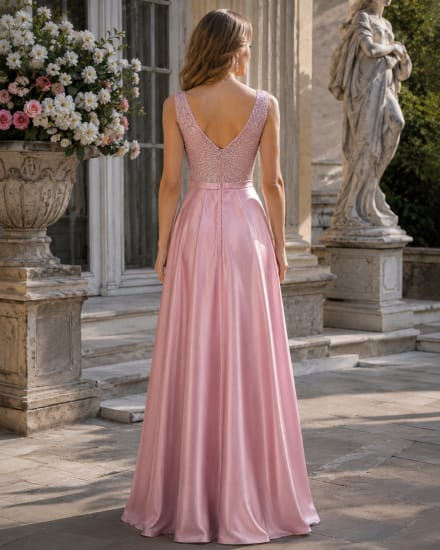 Ciara — robe longue satin fluide décolleté V paillettes perles