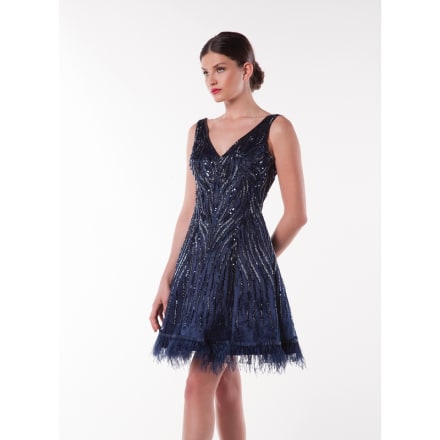 Gladie — robe cocktail évasée perles plumes