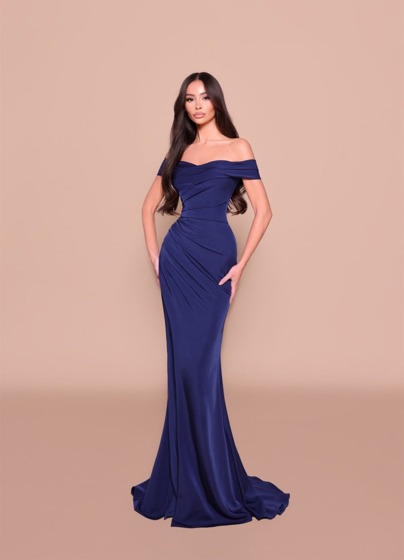 Samantha — robe longue fourreau col bardot drapés fente