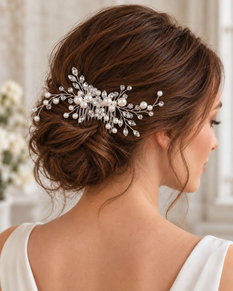 Peigne à cheveux argenté orné de perles et cristaux
