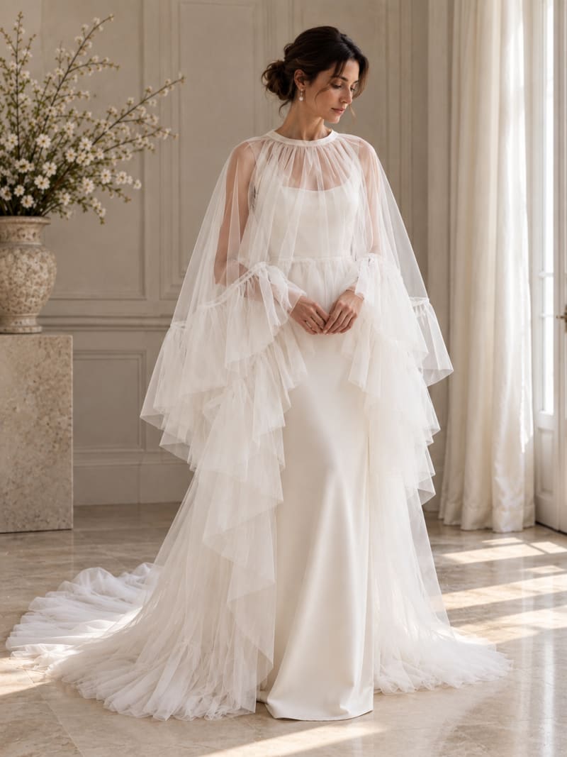 Cape de mariée longue en tulle fluide avec volants