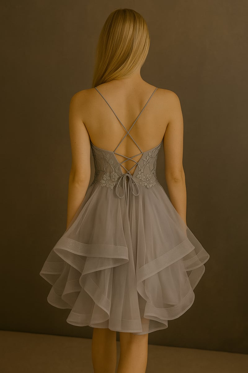 Evita — robe courte bustier tulle brodé sequins laçage dos jupe volantée
