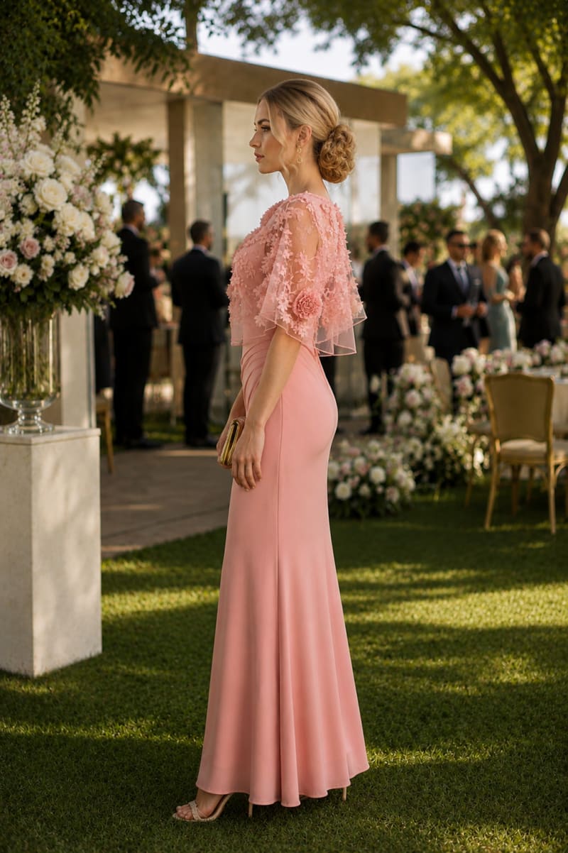 Mickaela — robe longue fluide empiècement tulle applications florales