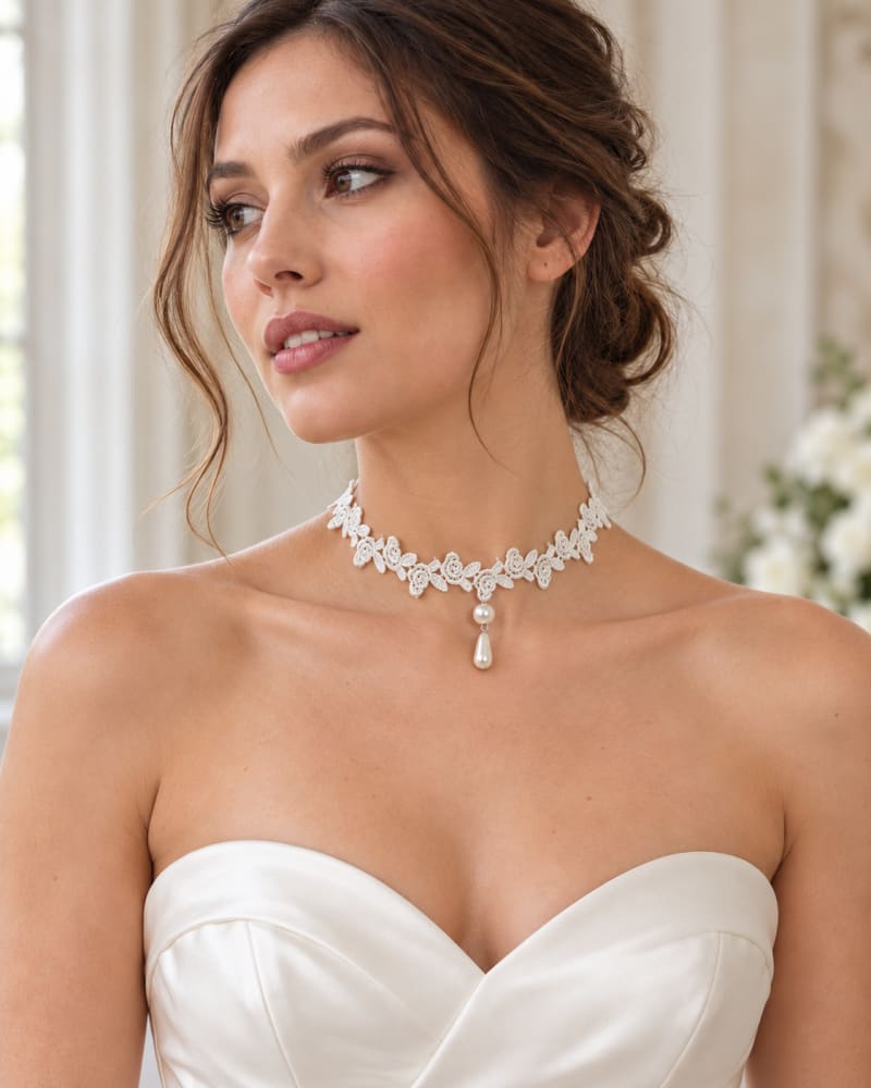 Collier de mariée en dentelle blanche à motifs feuillages et pendentif double perle