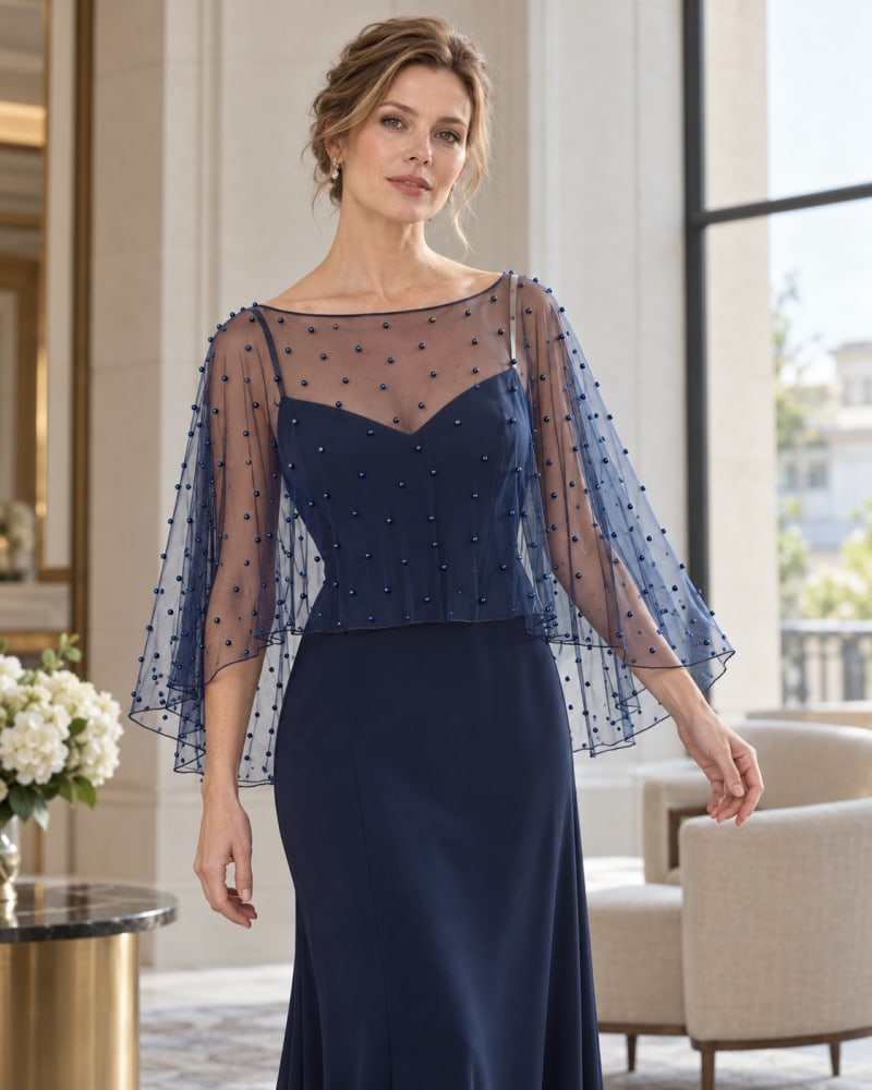 Cape courte en tulle bleu marine transparent ornée de perles