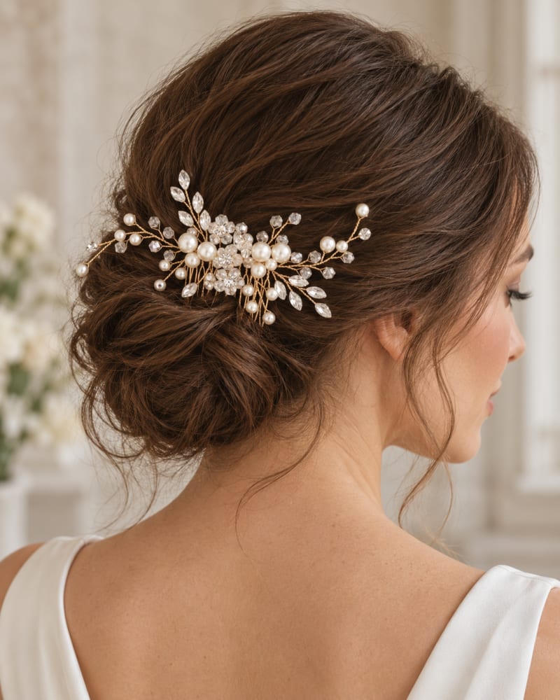 Peigne à cheveux doré orné de perles et cristaux