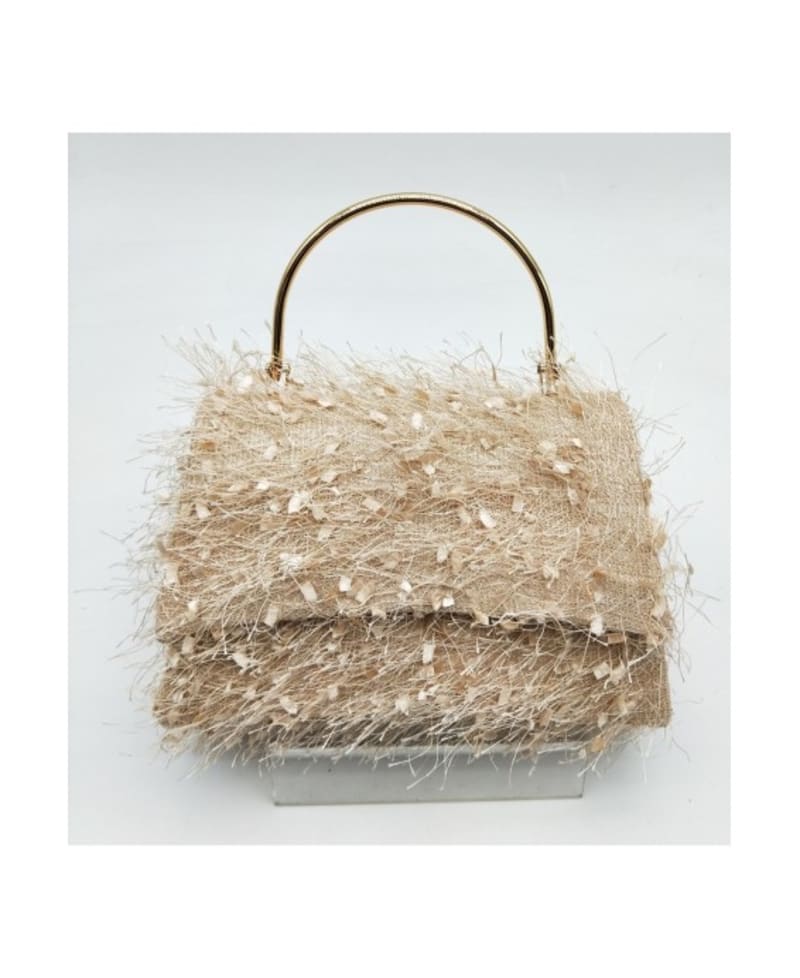 POCHETTE BXQ-278 pochette rigide textile fantaisie effet plume anse métallique dorée