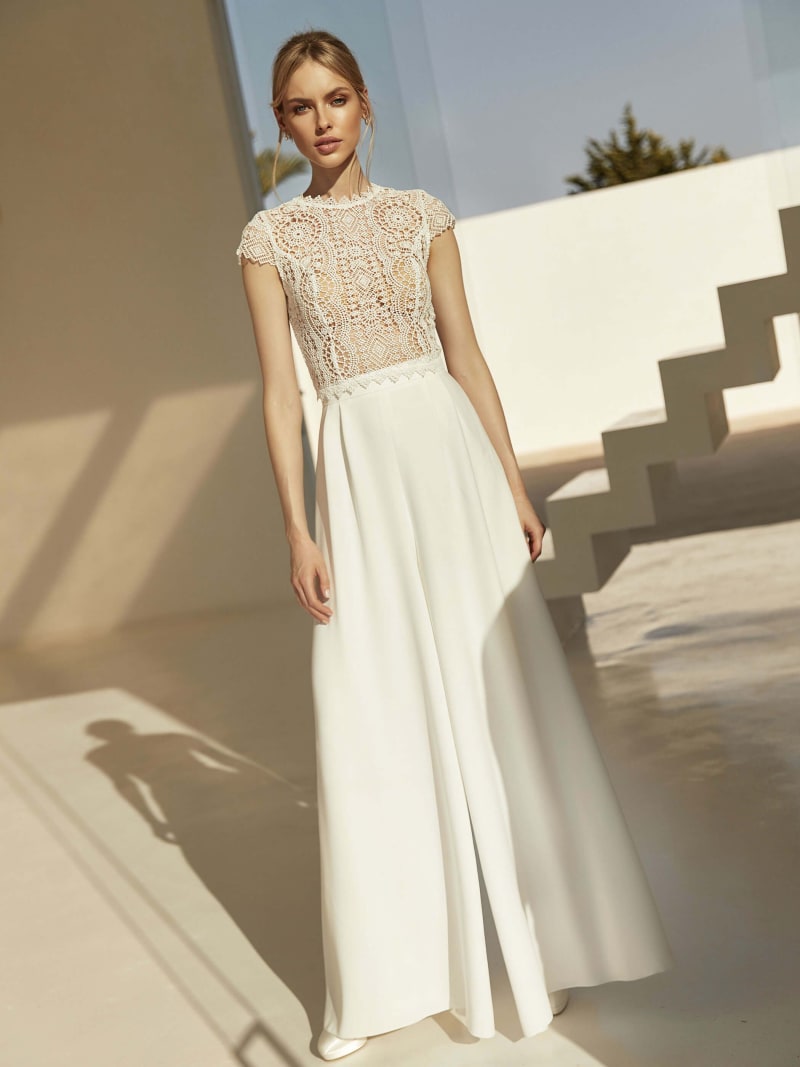 Pantalon Eve coupe fluide ample crêpe stretch blanc cassé