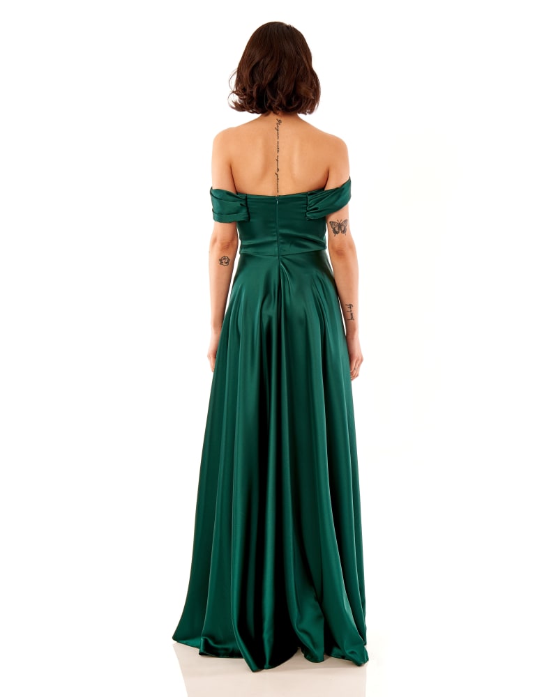 Ludovica — robe longue bustier épaules dénudées manchons satin fendue