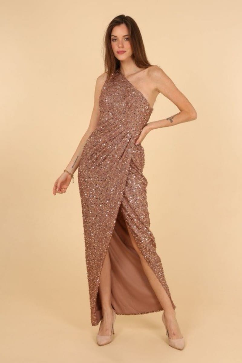 Gabrielle — robe 3/4 asymétrique drapé fendue sequins bronze