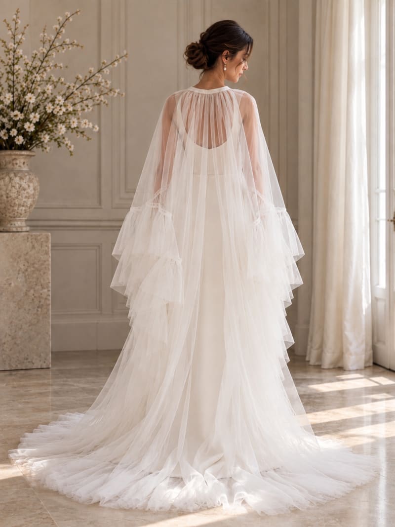 Cape de mariée longue en tulle fluide avec volants