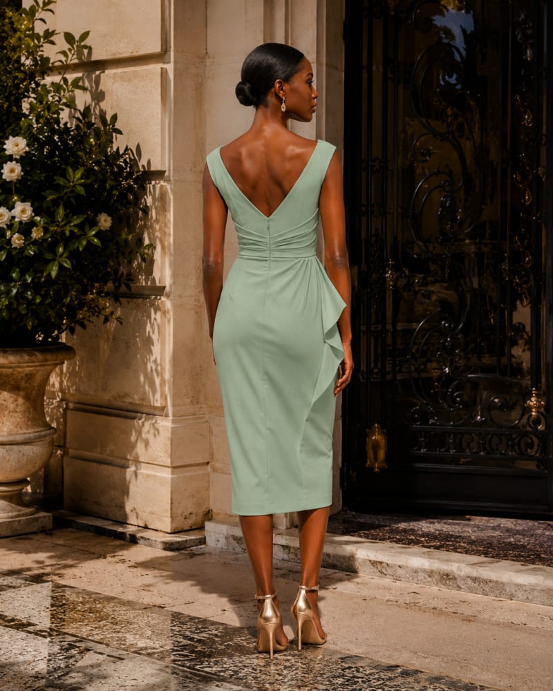 Nina robe courte fourreau décolleté V drapés taille longueur sous genoux