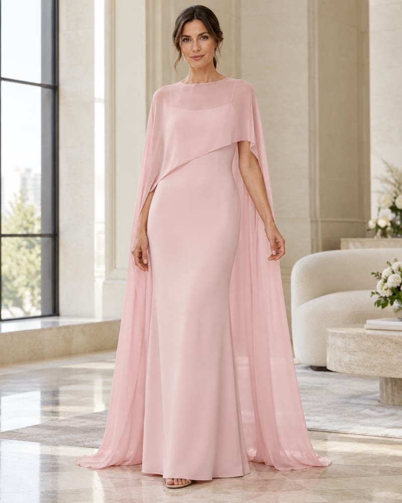 Cape longue en mousseline rose poudré à épaules asymétriques