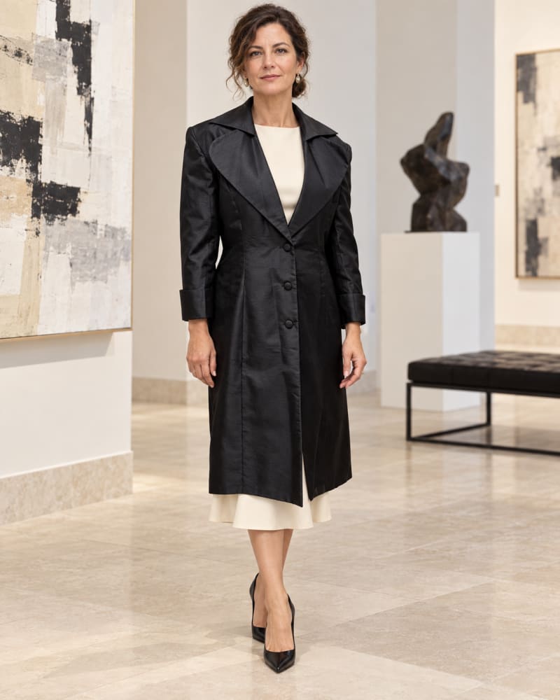 Manteau long noir satiné – col tailleur et coupe cintrée
