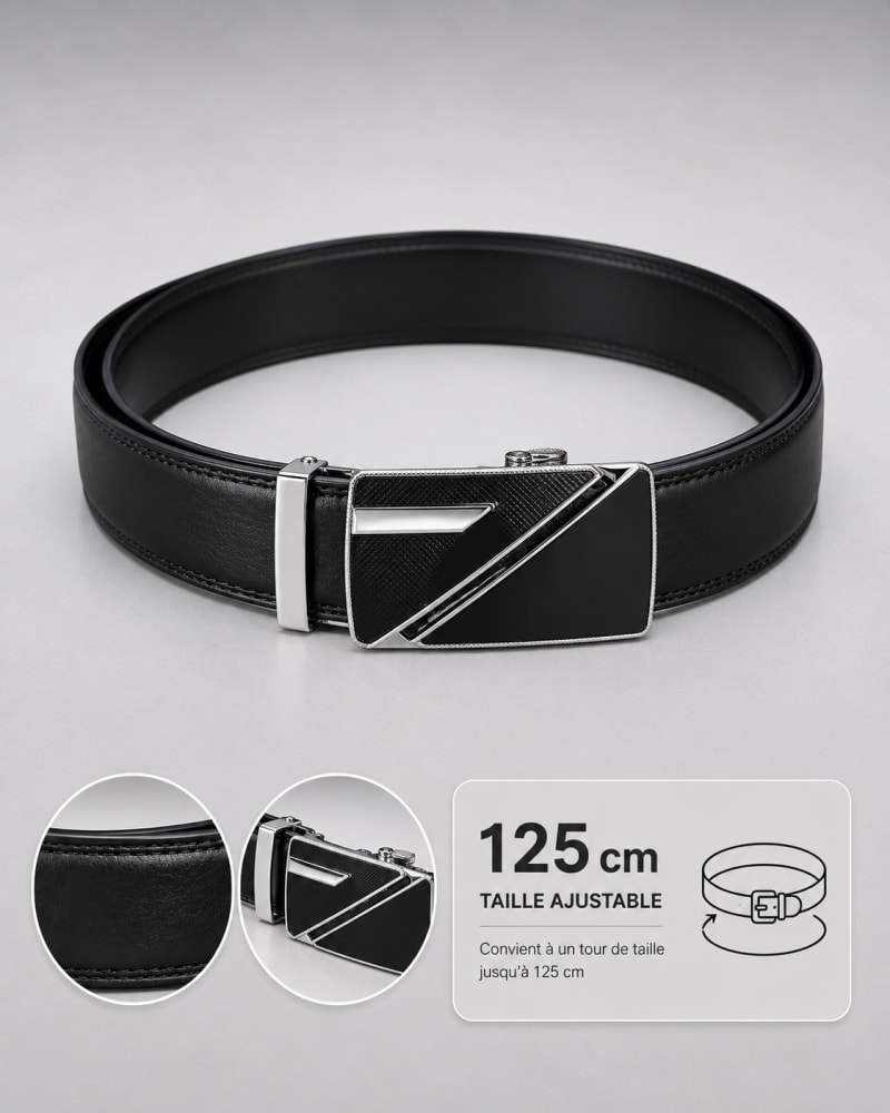 Ceinture homme noire ajustable boucle automatique rectangulaire noire et argentée lignes géométriques détails métalliques