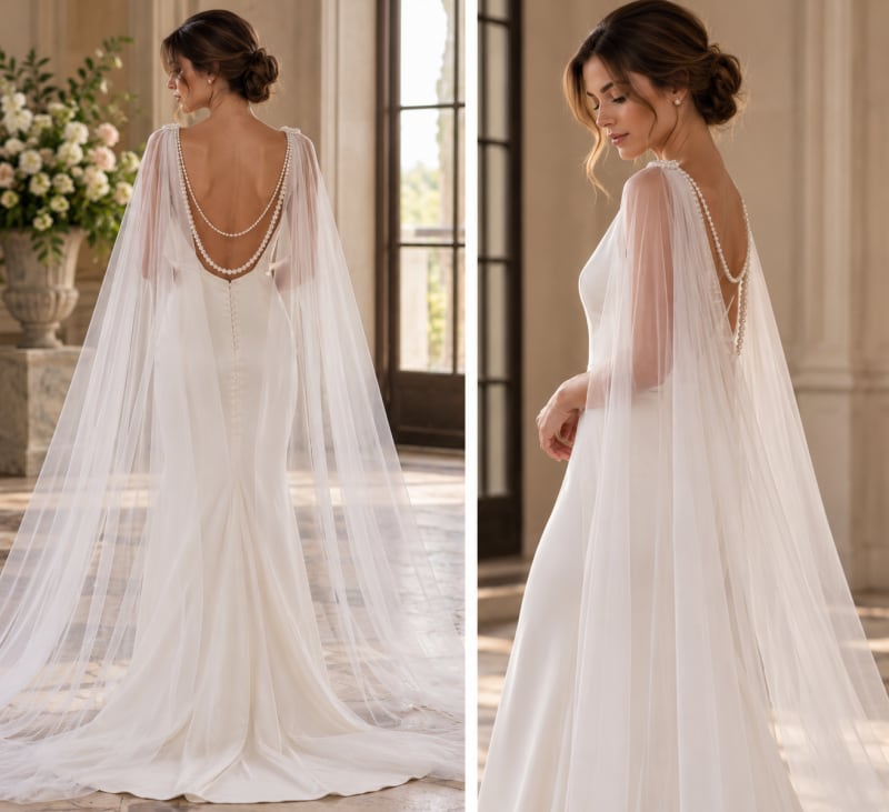 Cape de mariée amovible en tulle ivoire avec double drapé de perles dans le dos