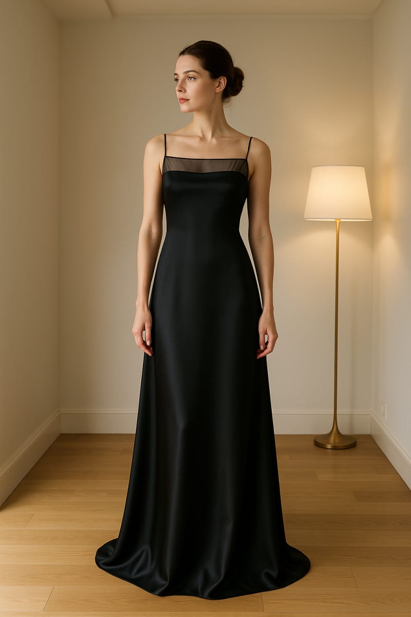 Flore — robe droite mousseline noire décolleté tulle