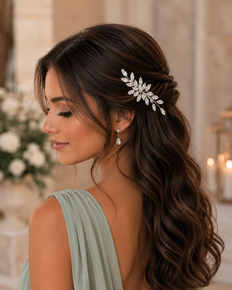 Barrette de coiffure élégante à feuilles et cristaux