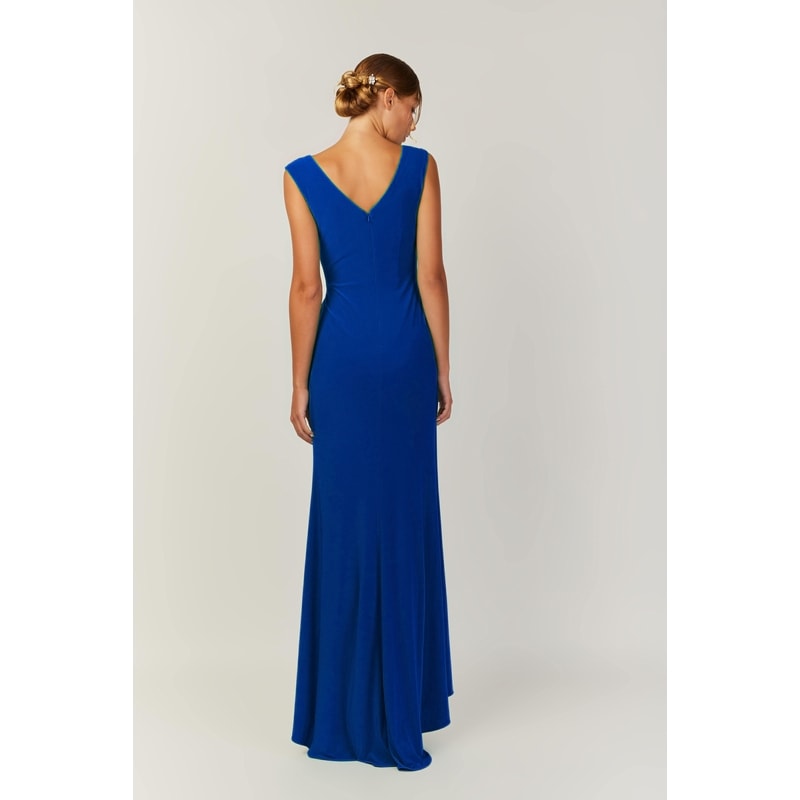 Maddie — robe longue droite décolleté V plissé strass drapé jersey bleu royal