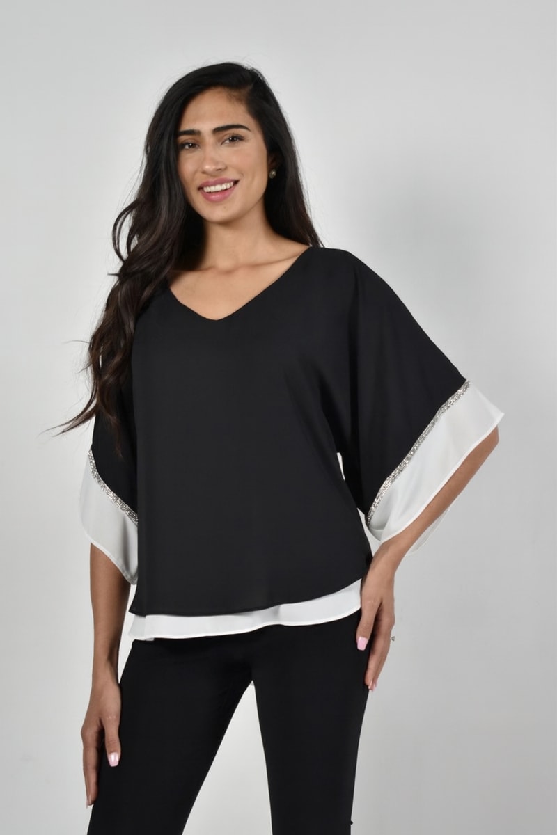 Top Mila fluide mousseline doublé décolleté V manches 3/4 strass