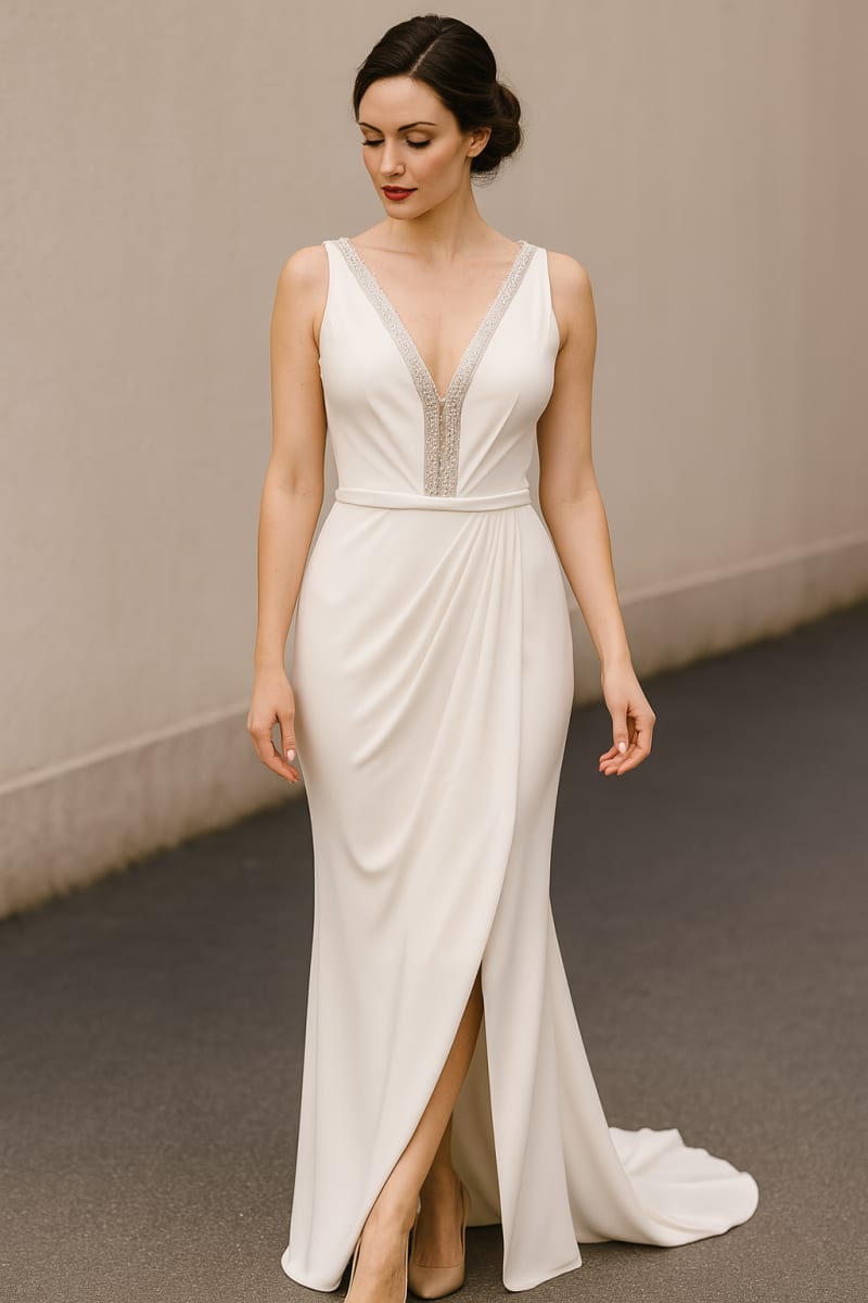Berthe — robe longue fourreau fendue décolleté V dentelle sequins