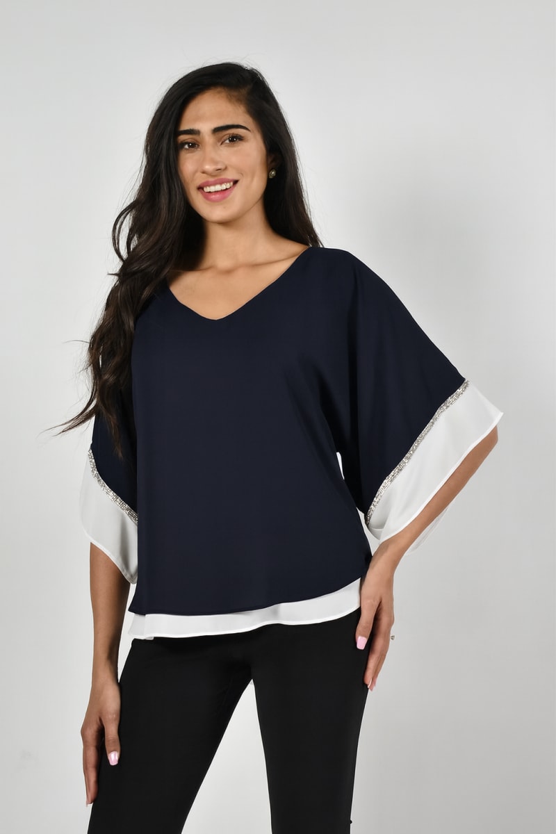 Top Mila fluide mousseline doublé décolleté V manches 3/4 strass