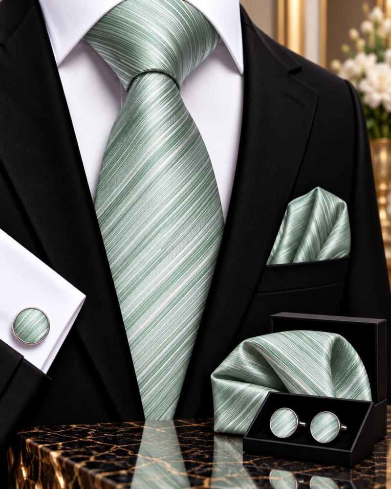 Ensemble cravate, pochette et boutons de manchette vert sauge à fines rayures diagonales
