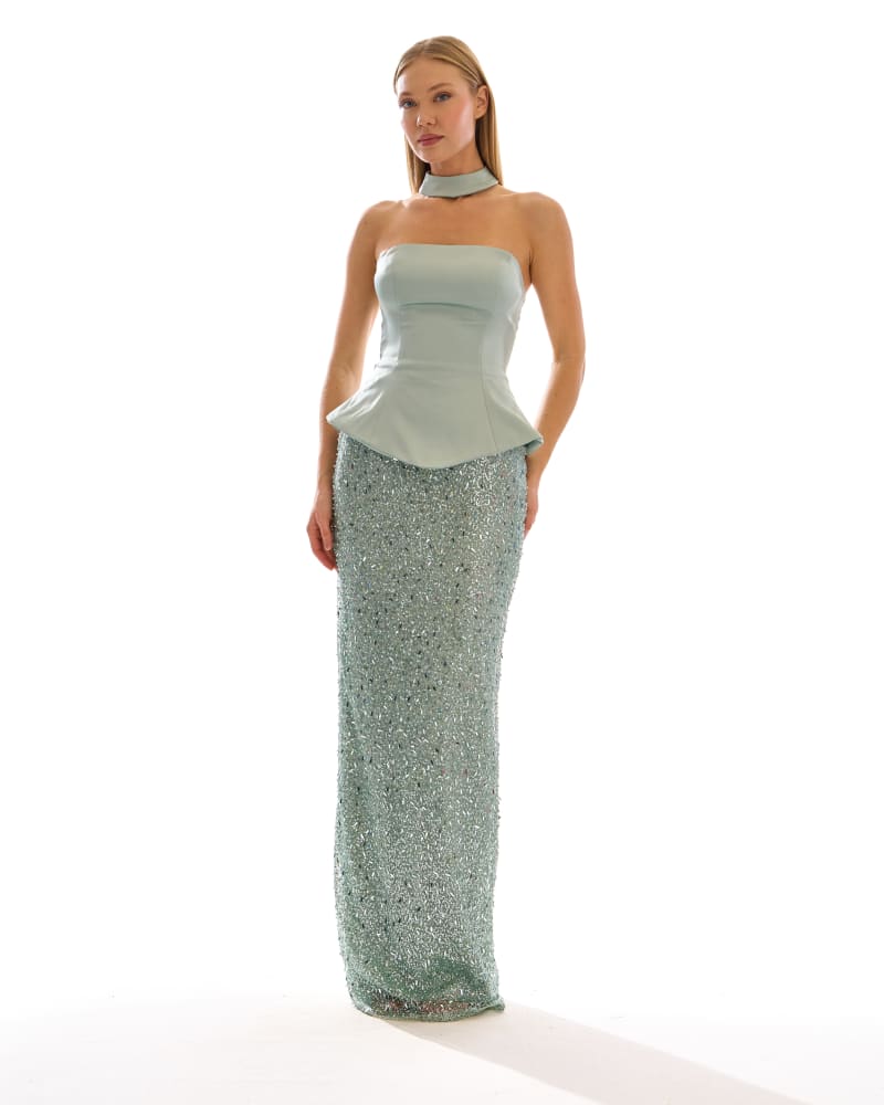 Donia - Robe longue bustier à sequins vert d’eau