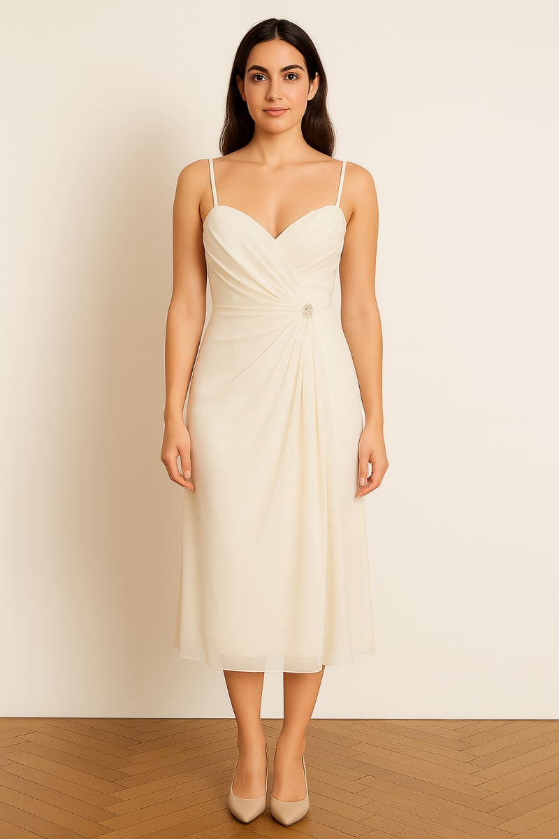 Alyssa — robe 3/4 droite décolleté cœur drapé bijou amovible
