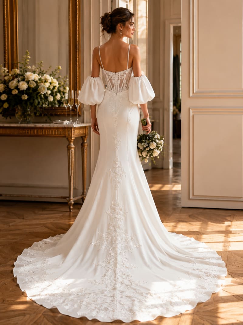 Méva - Robe de mariée longue coupe sirène en crêpe et dentelle