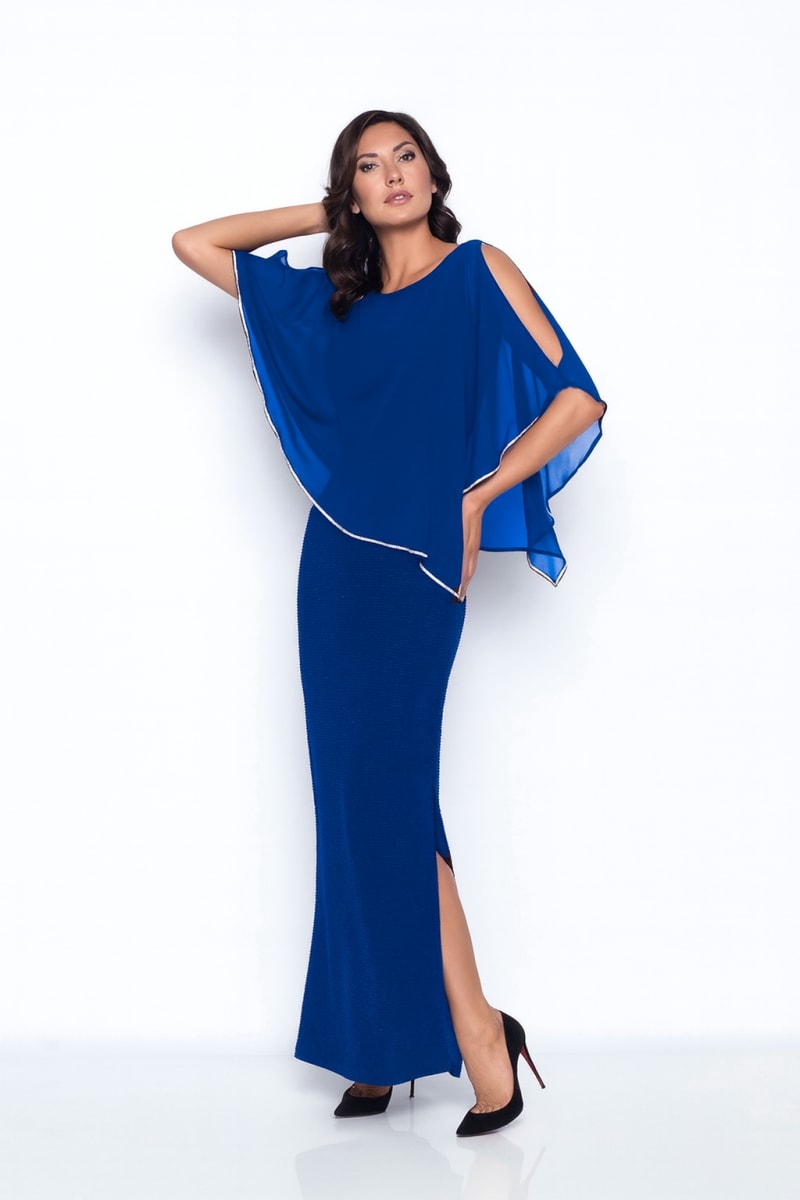 Aleyna — robe longue droite cape mousseline strass fente