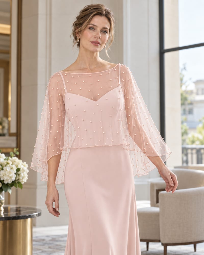 Cape courte en tulle rose poudré transparent ornée de perles