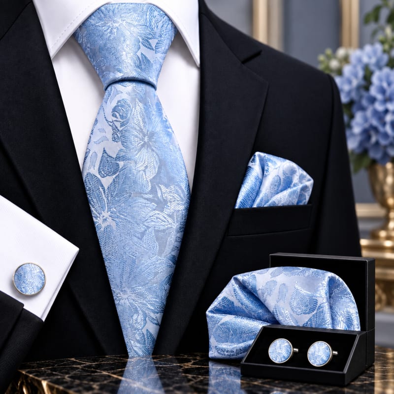 Ensemble cravate, pochette et boutons de manchette bleu ciel à motif floral