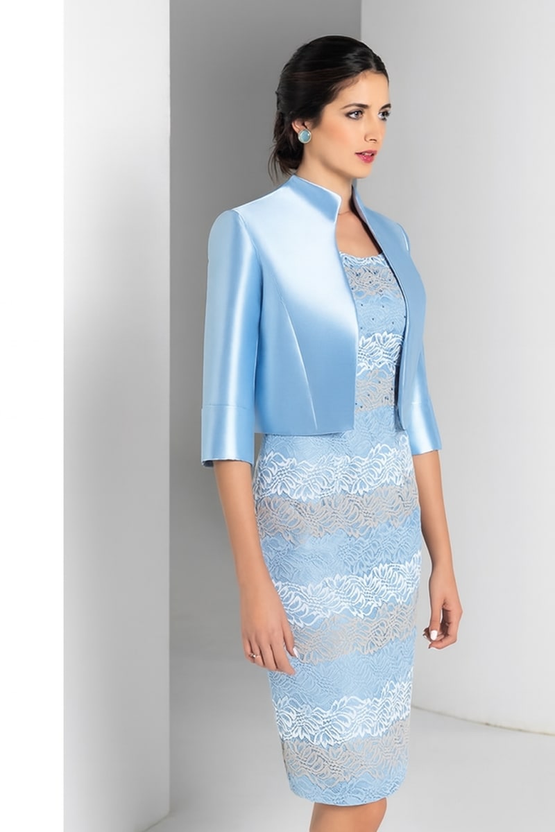 Camille — robe courte tailleur dentelle bleu ciel boléro satin