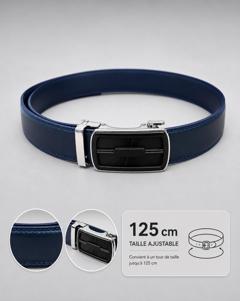 Ceinture homme bleu marine ajustable boucle automatique rectangulaire noire avec contour en métal argenté