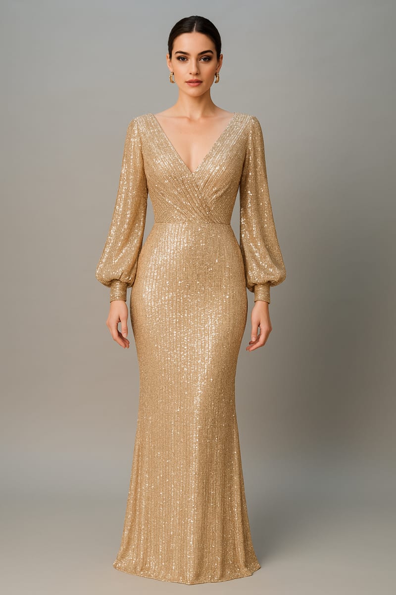 Lilly — robe longue sequins dorés décolleté V manches longues laçage dos