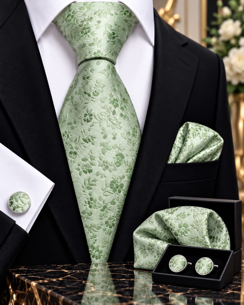 Ensemble cravate, pochette et boutons de manchette vert sauge a petites fleurs
