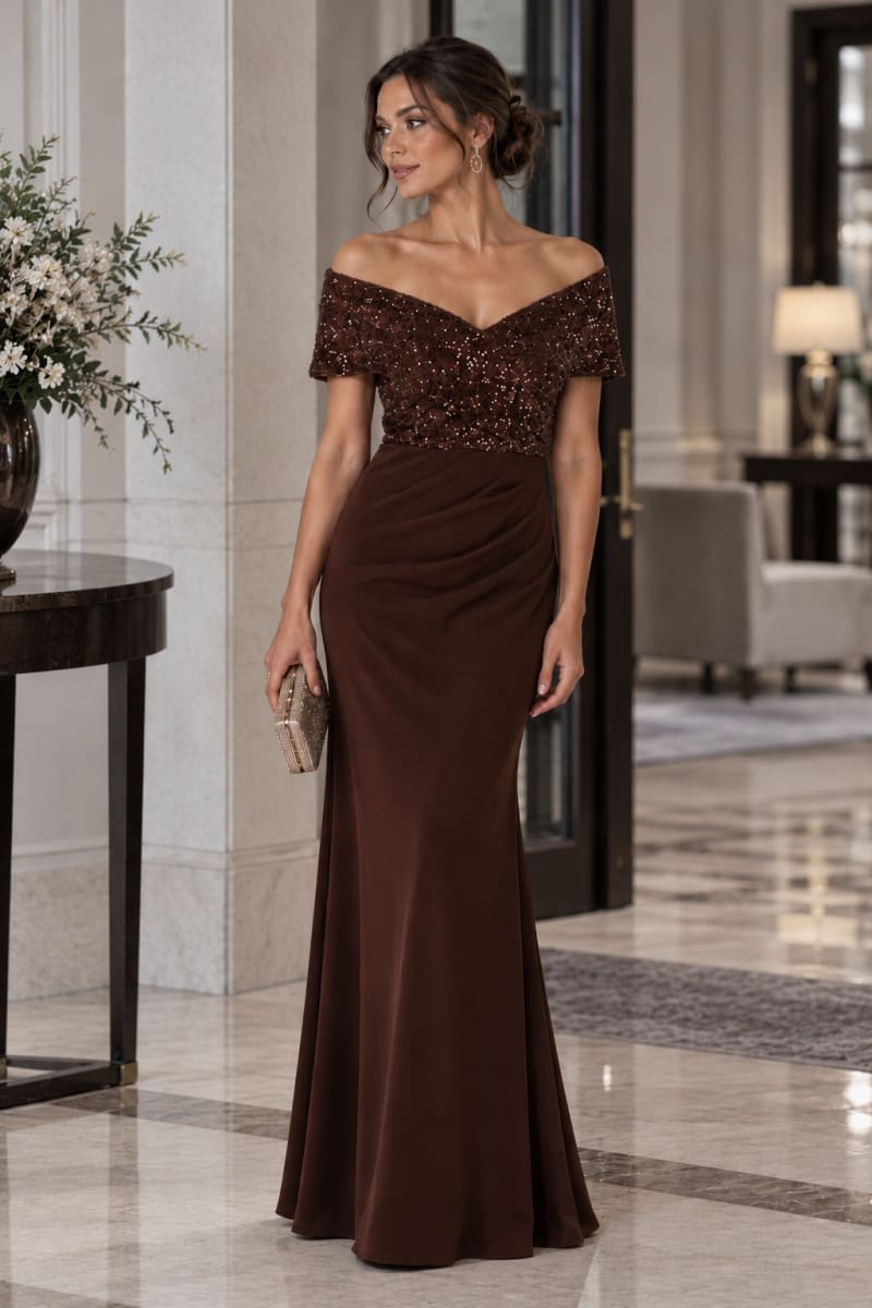 Bryana - Robe longue de soirée à bustier pailleté, épaules dénudées et jupe drapée