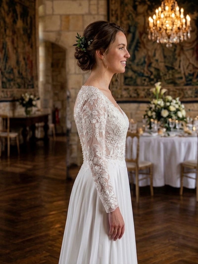 Milly - Robe de mariée bohème en broderie florale à manches longues et jupe fluide