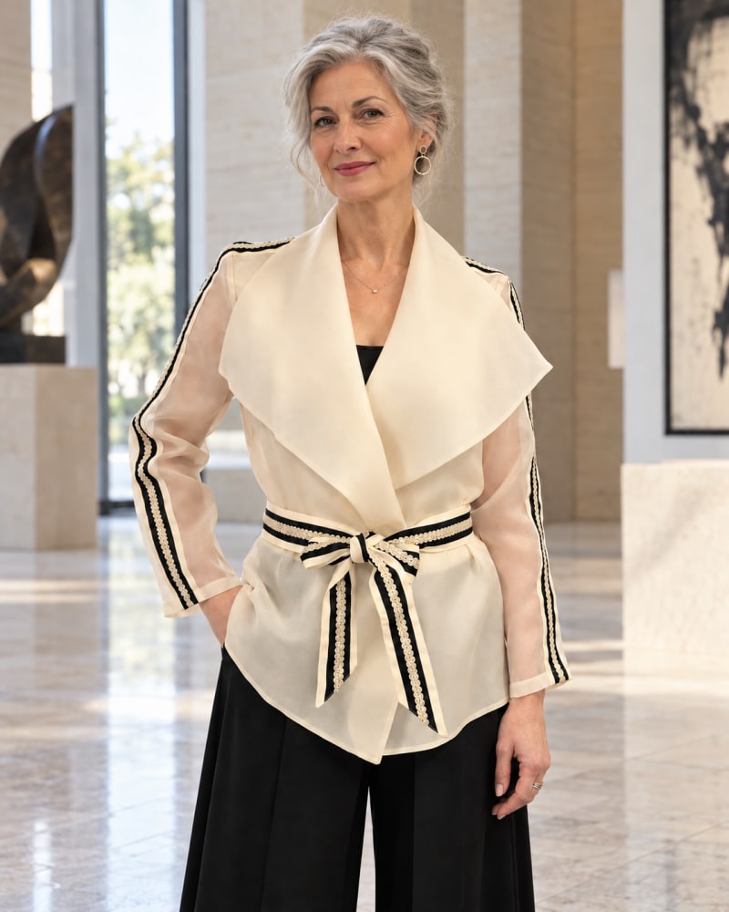 Veste fluide en organza – col cascade et ceinture contrastée_new