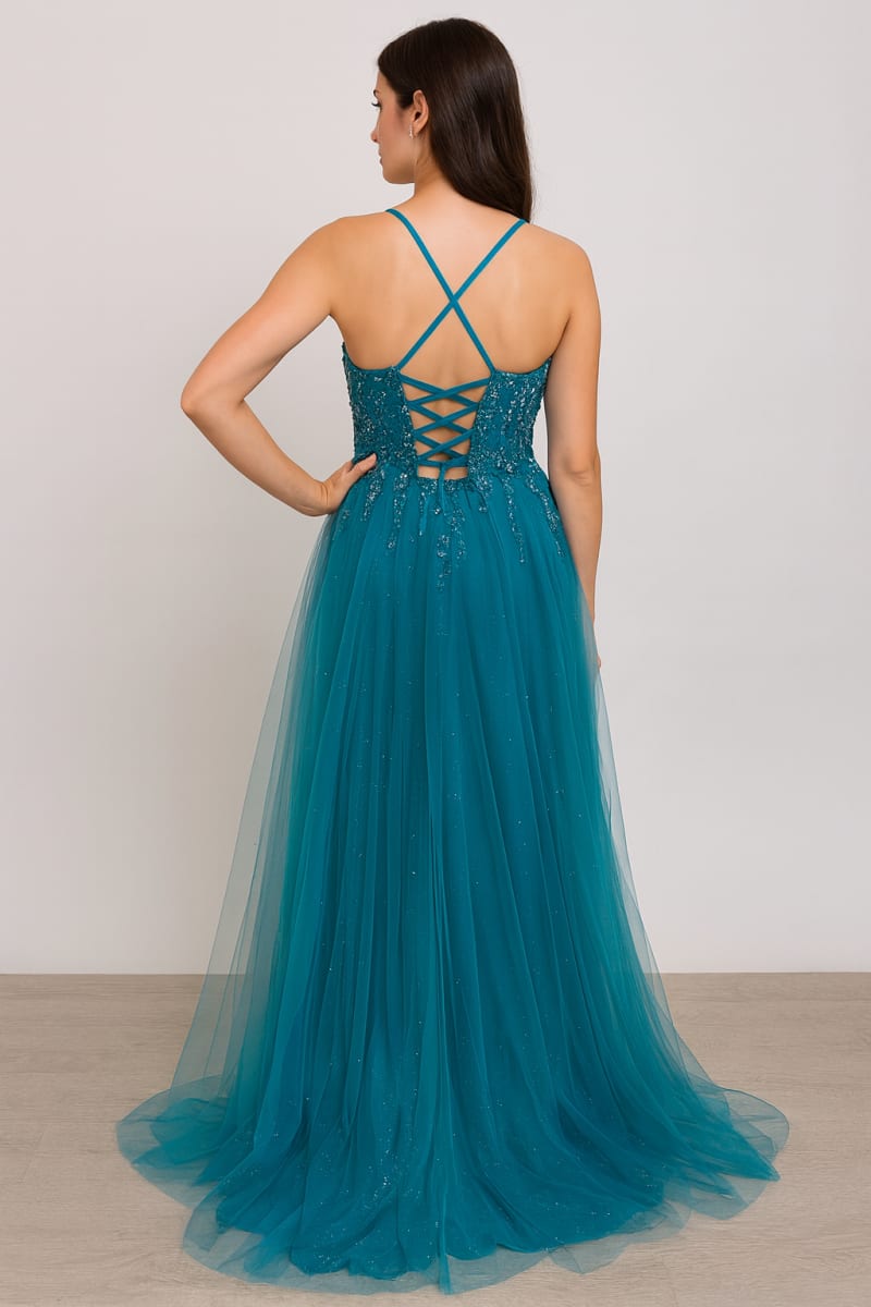 Poema — robe longue perles et tulle pailleté décolleté V dos laçage