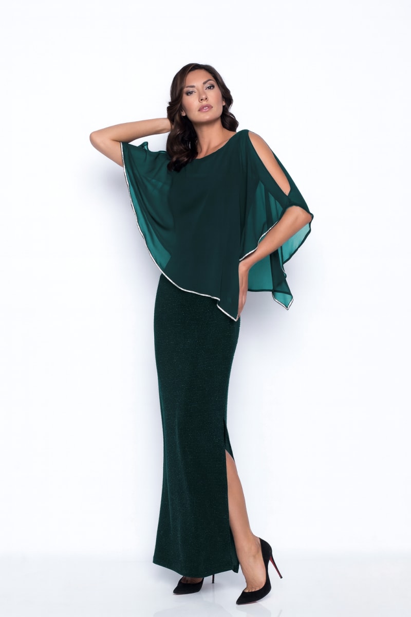 Aleyna — robe longue droite cape mousseline strass fente