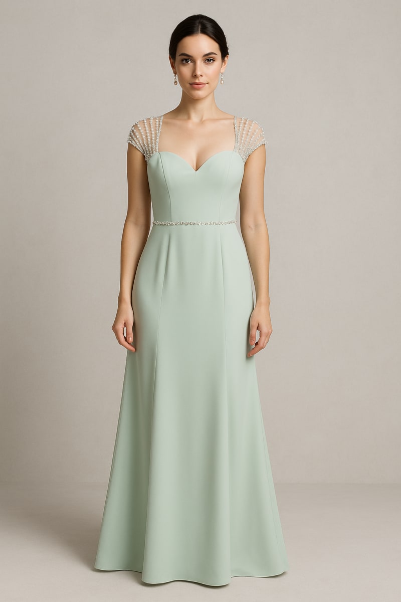 Lucia — robe longue crêpe décolleté cœur perles ceinture strass dos tulle perlé