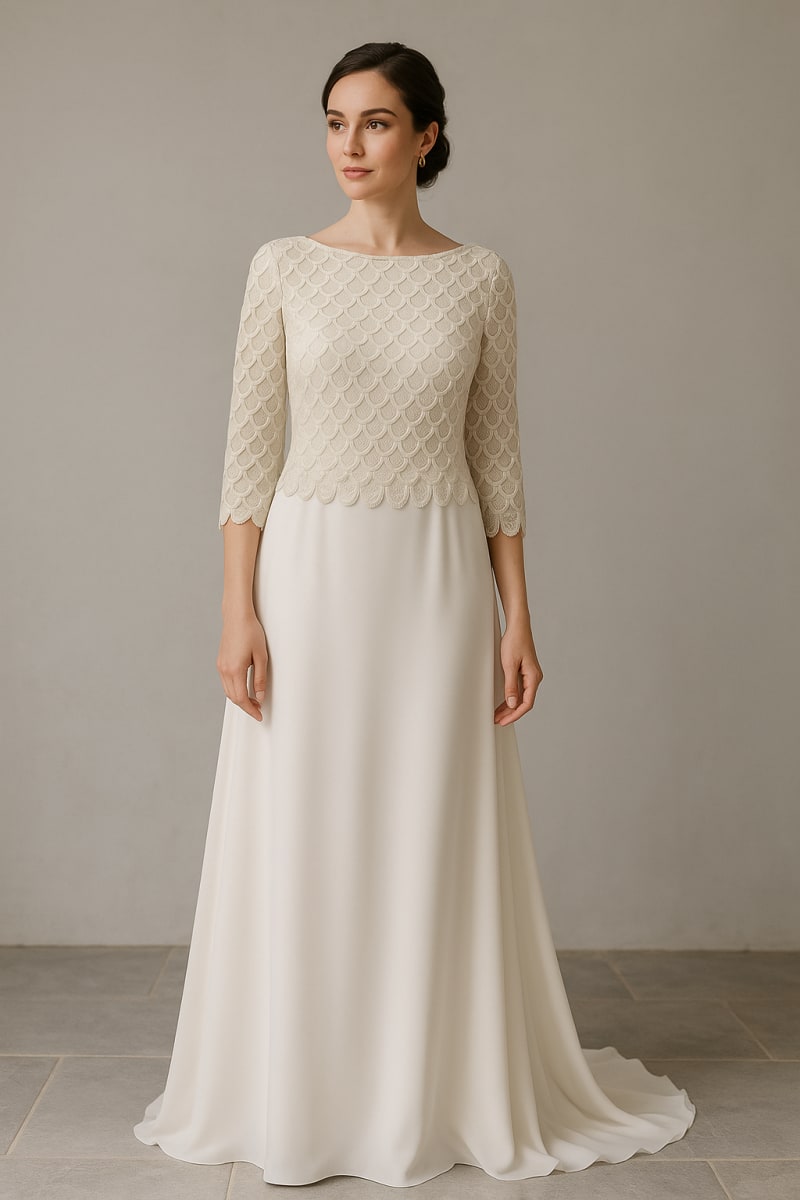 Bernadette — robe de mariée longue broderies fil doré manches 3/4