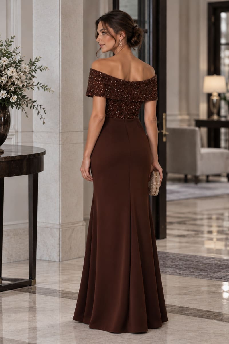 Bryana - Robe longue de soirée à bustier pailleté, épaules dénudées et jupe drapée