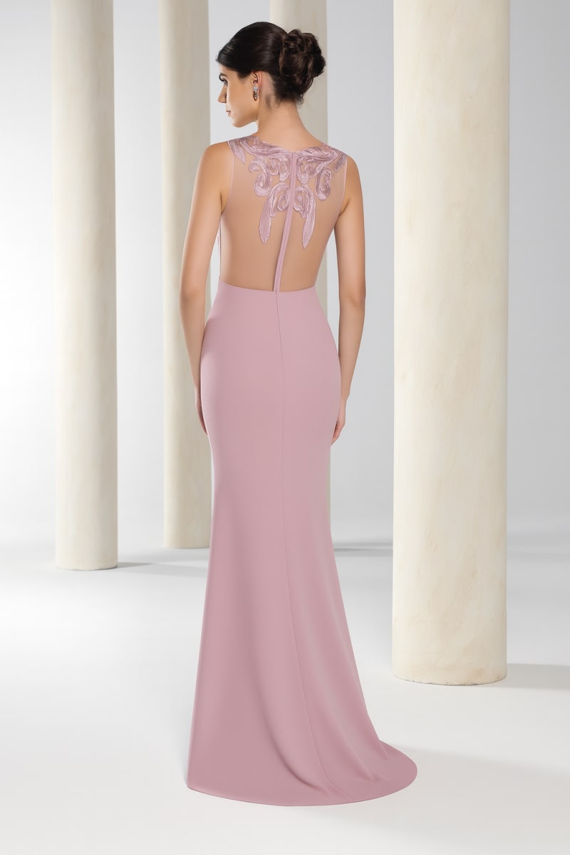 Armèle — robe longue fourreau haut dentelle et crêpe dos nu
